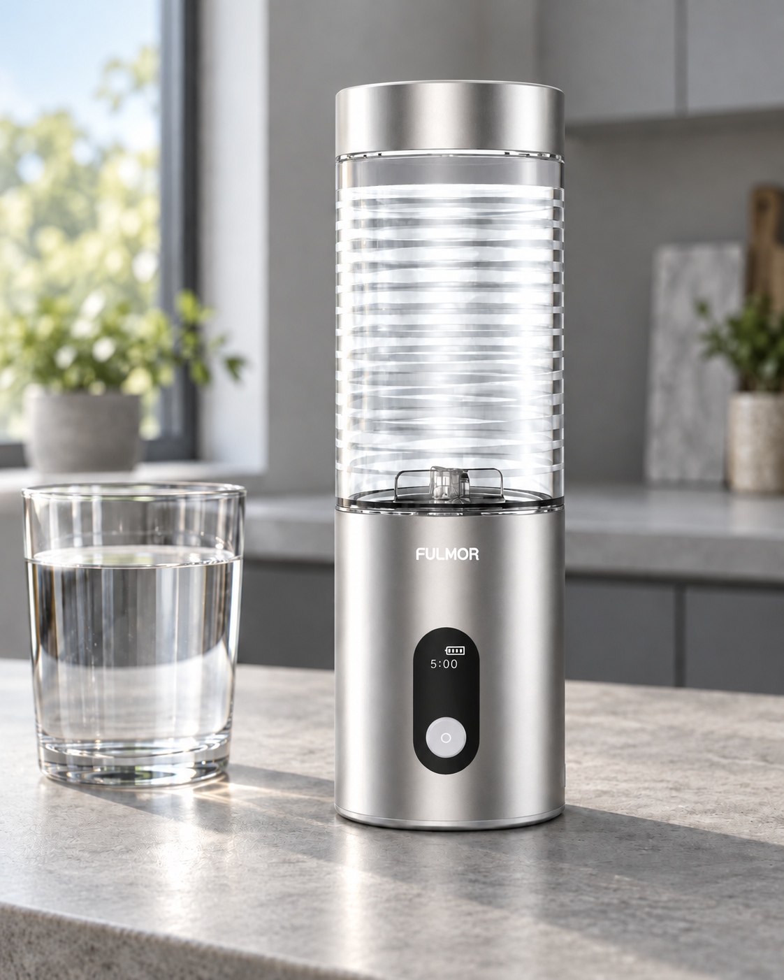 Fulmor hydrogen water bottle on a counter